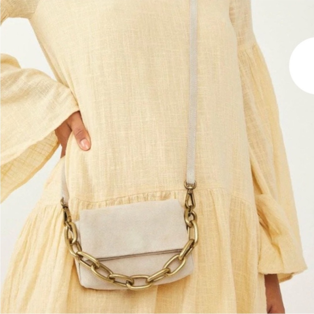 Free People Beige Suede Crossbody with Chunky Antique Gold Chain